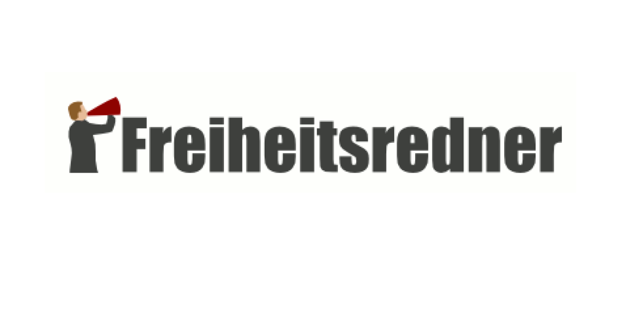 Freiheitsredner-Schriftzug, eine Person spricht in eine Flüstertüte.