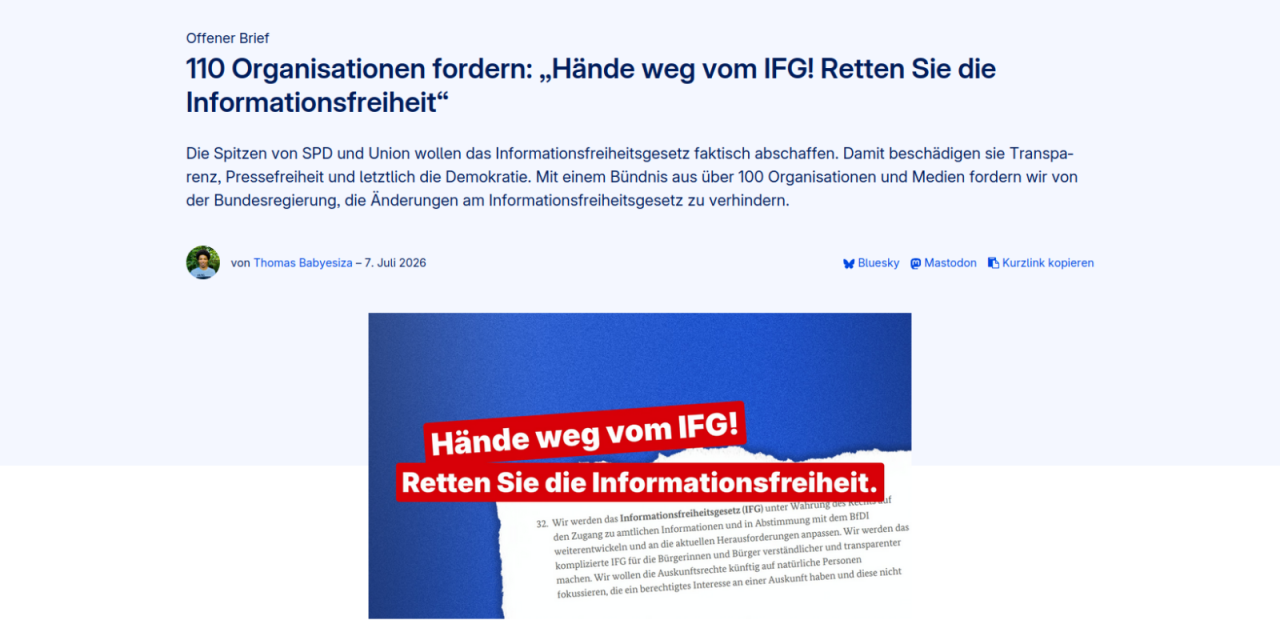 Screenshot vom Offenen Brief „Hände weg vom IFG! Retten Sie die Informationsfreiheit“