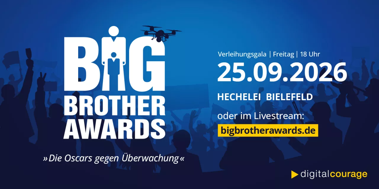 Werbebanner für die diesjährigen BigBrotherAwards: 25.9.2026, 18 Uhr, Hechelei Bielefeld.