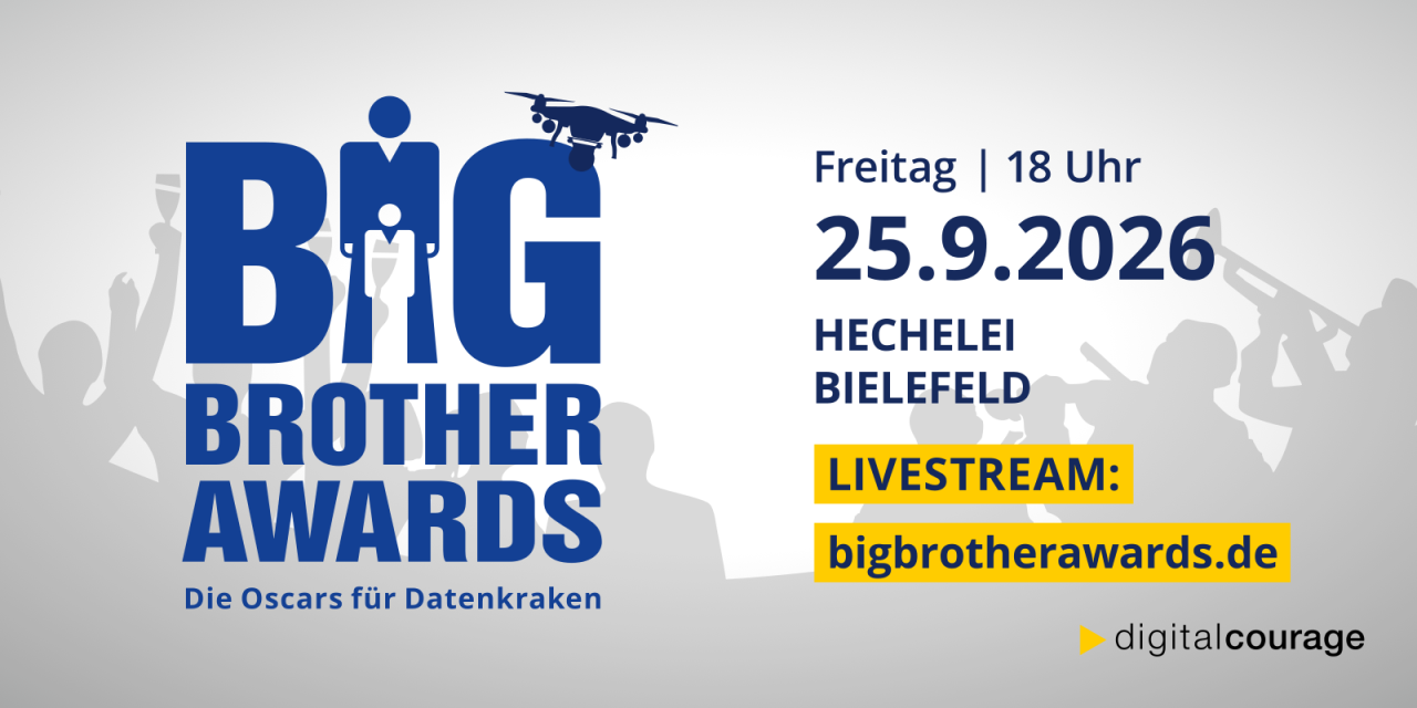 Werbebanner für die diesjährigen BigBrotherAwards: 25.9.2026, 18 Uhr, Hechelei Bielefeld.