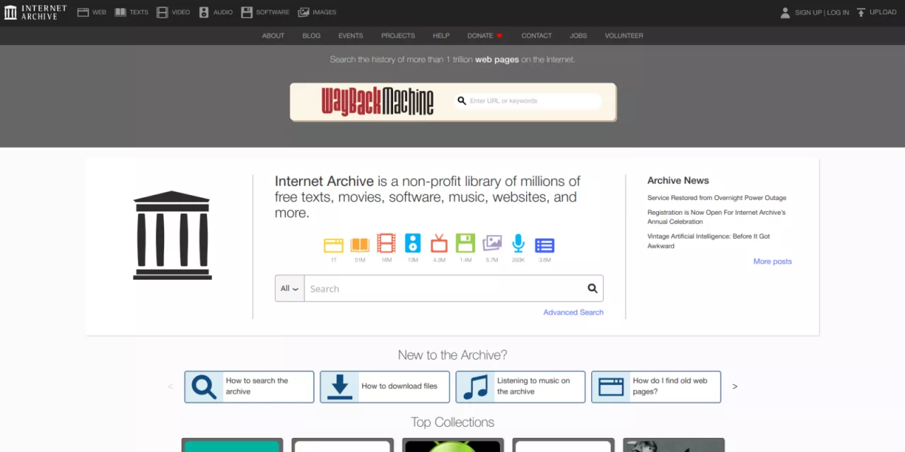 Screenshot von der Startseite des Internet-Archivs.