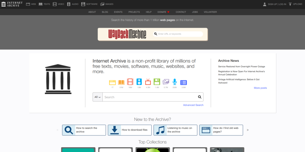 Screenshot von der Startseite des Internet-Archivs.