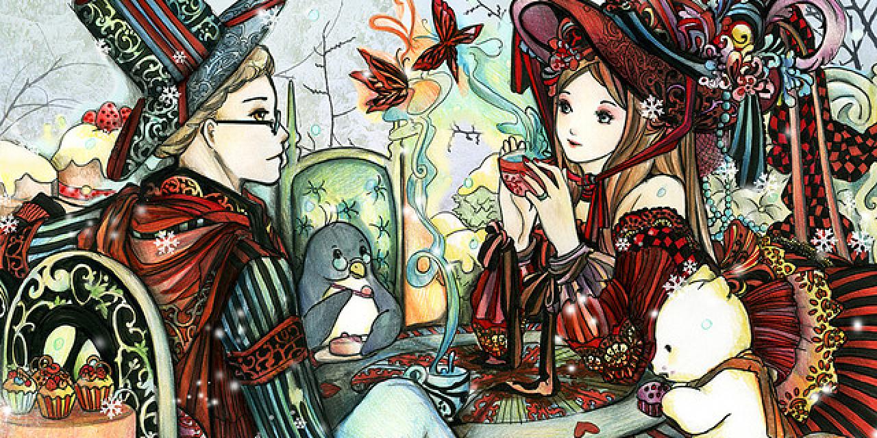 Illustration von „Alice im Wunderland“ teetrinkend an einem Tisch mit einer anderen Person.