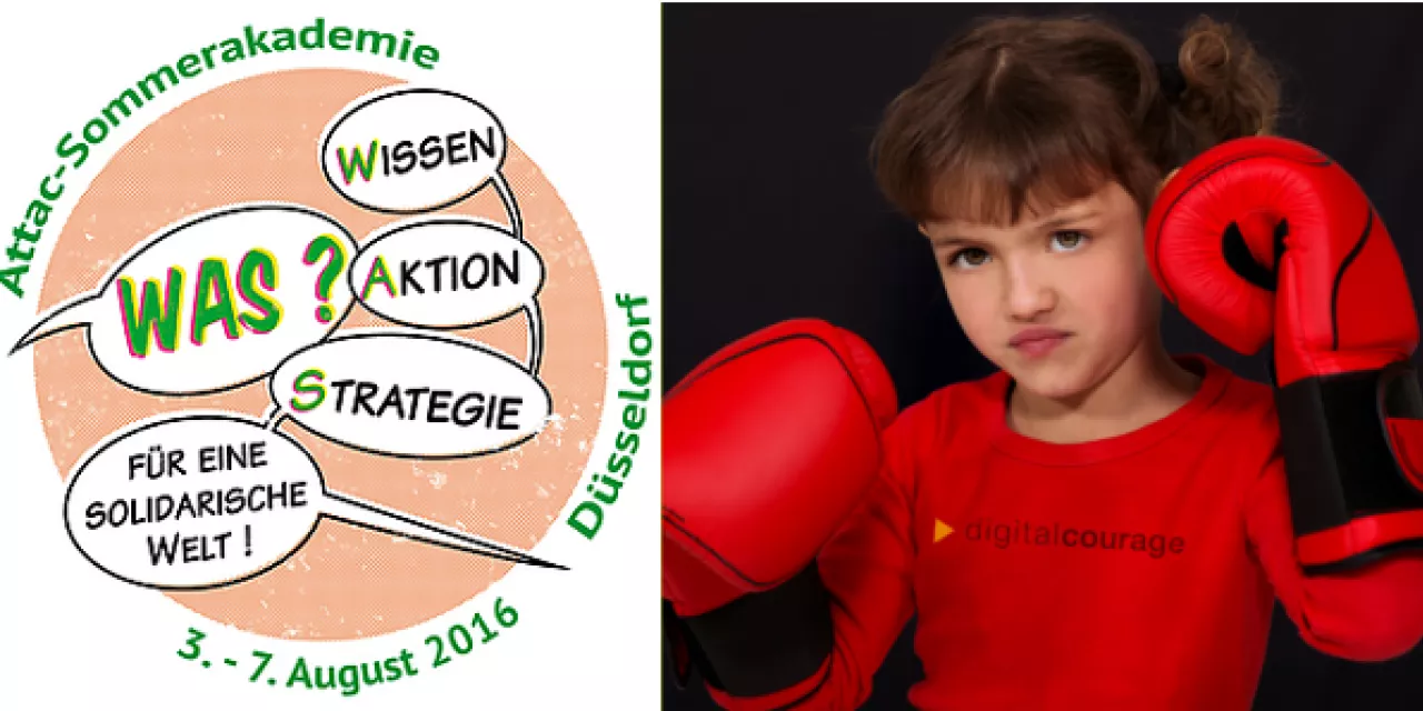 Collage aus einem Flyer für die Attac-Sommerakademie (links) und einem Mädchen mit Boxhandschuhen (rechts).