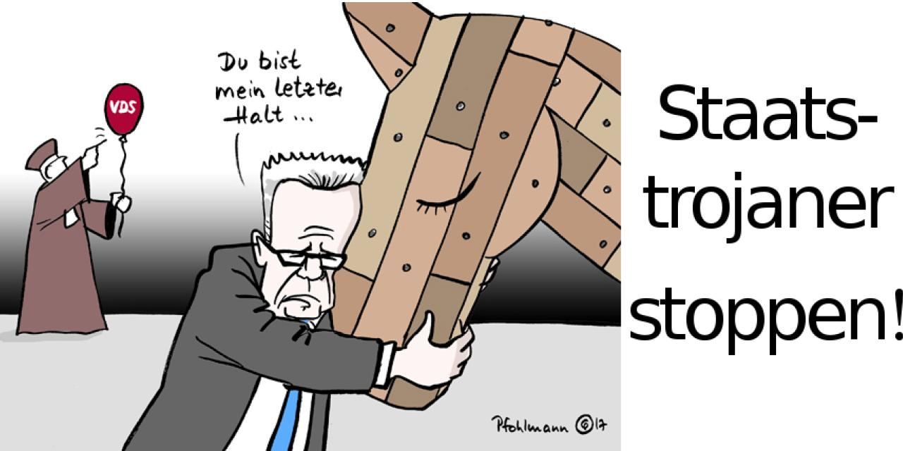 Karikatur „Staatstrojaner stoppen“: Ein Mensch, der sich an den Kopf eines Holzpferdes klammert. 