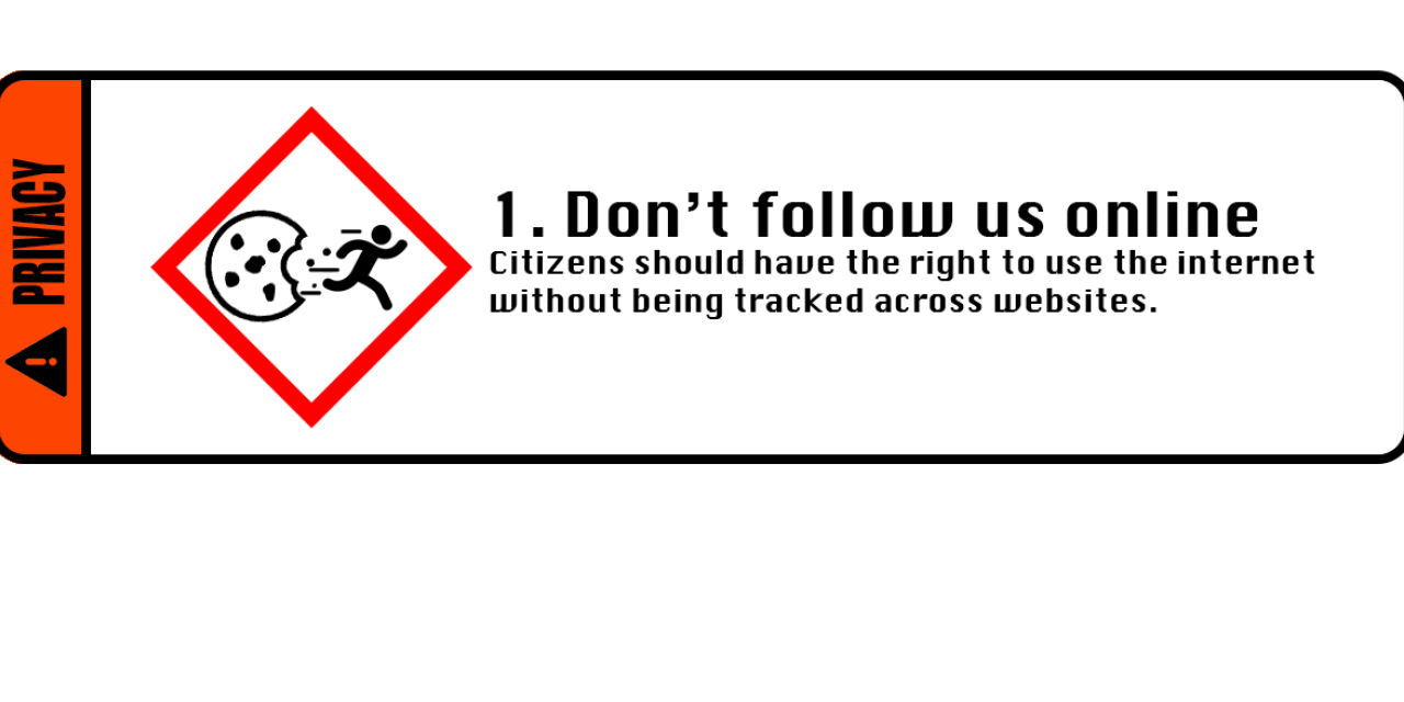 Grafik: "Don't follow us online". In einem Warnschild ein Keks, der einer Person „hinterherrennt“.