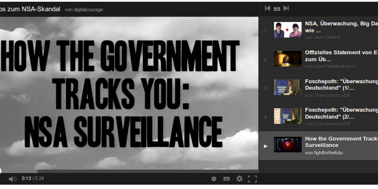 Screenshot einer Videoplaylist zum NSA-Skandal.