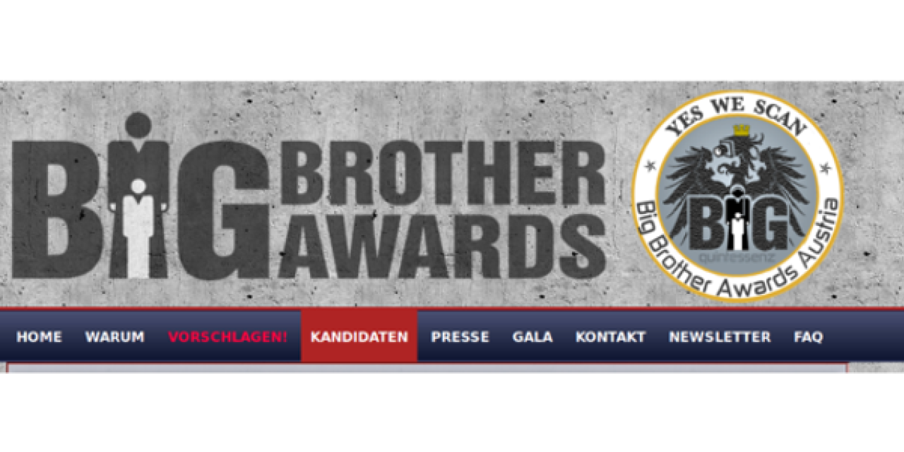 Screenshot von der Startseite der österreichischen BigBrotherAwards.