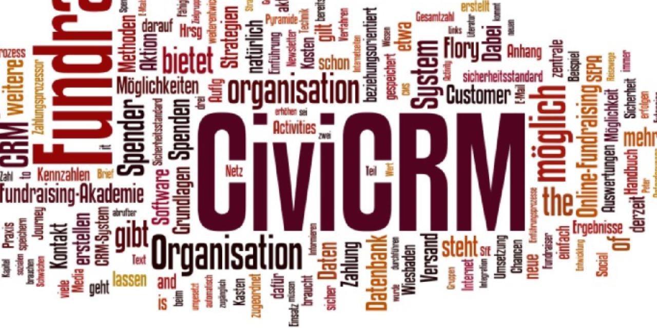 Eine Wordcloud. In der Mitte: CiviCRM.