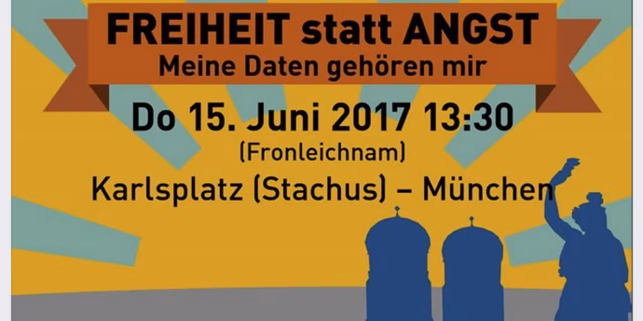 Grafik für die Demo „Freiheit statt Angst“ mit Informationen zu Veranstaltungsort und -datum.