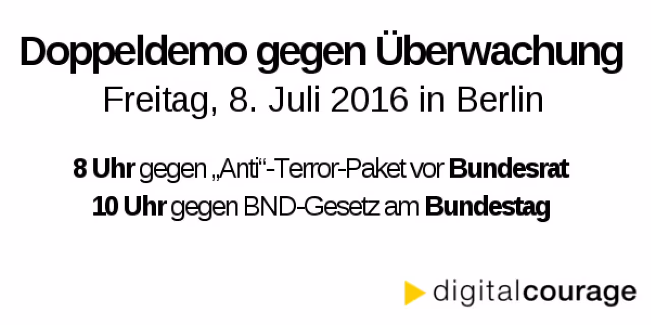 Flyer für die „Doppeldemo gegen Überwachung“.