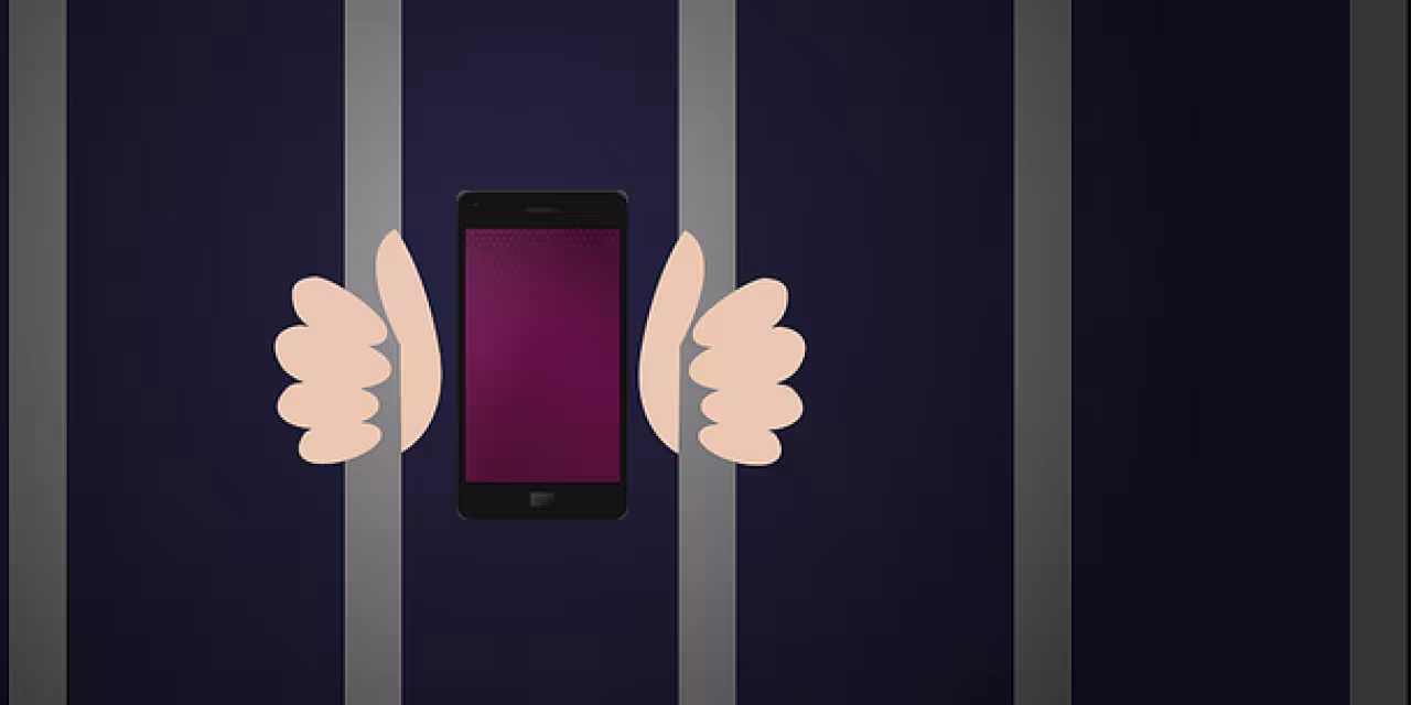 Comicartige Grafik eines Smartphones hinter Gitterstääben