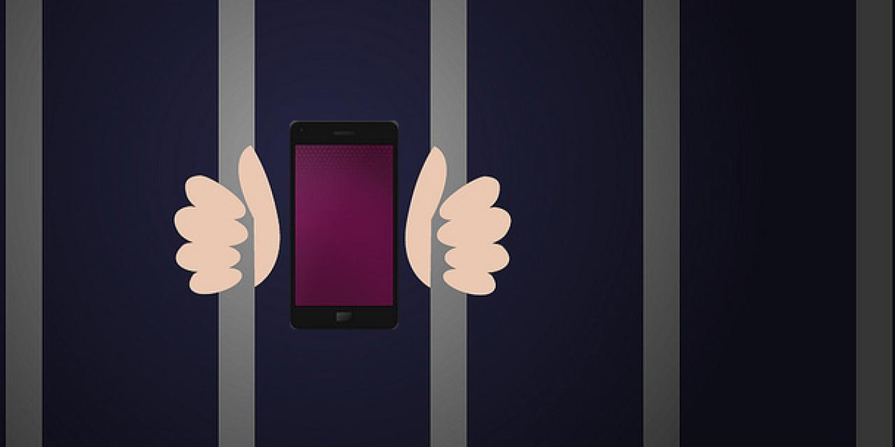 Comicartige Grafik eines Smartphones hinter Gitterstääben