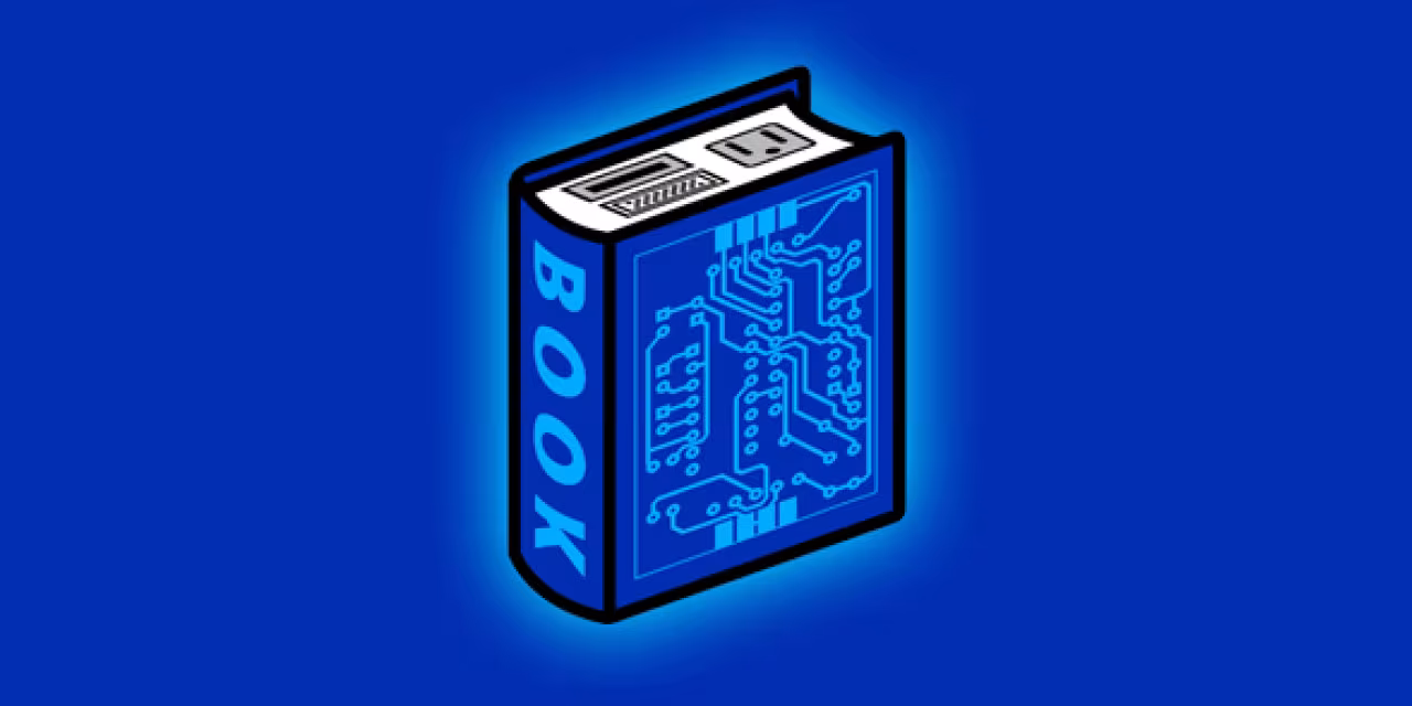 Grafik eines blauen Buches mit typischen PC-Anschlüssen.