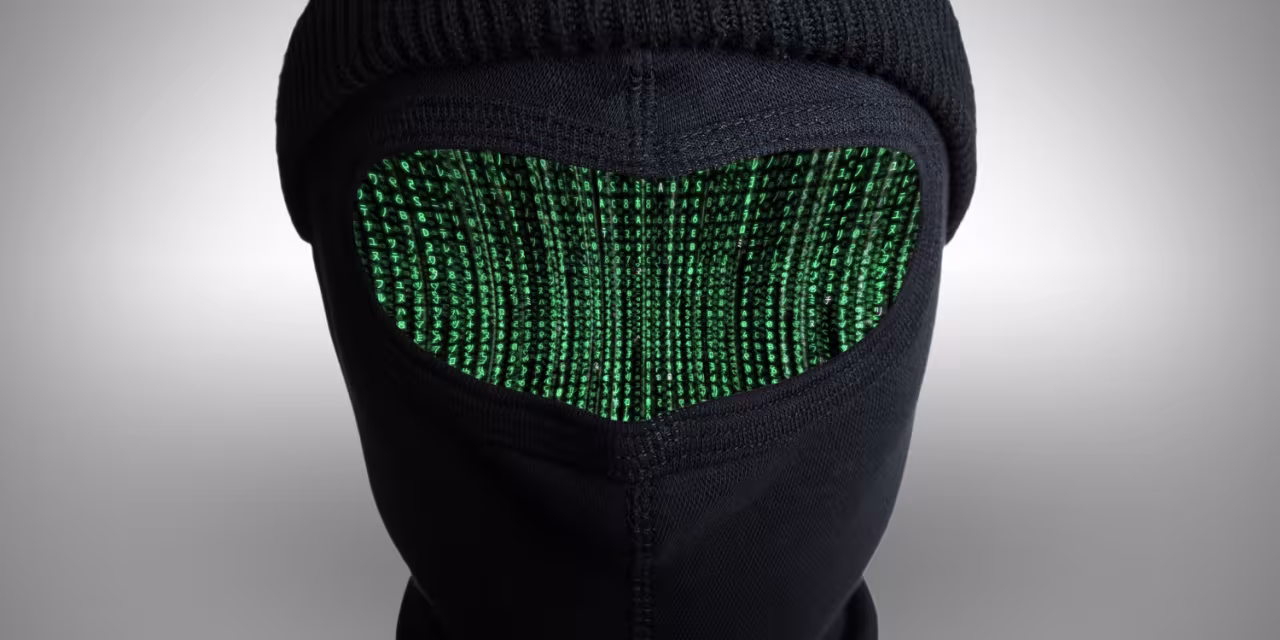 Eine Person, die eine Sturmhaube trägt. Anstelle der Augen sind Zahlencodes zu sehen.