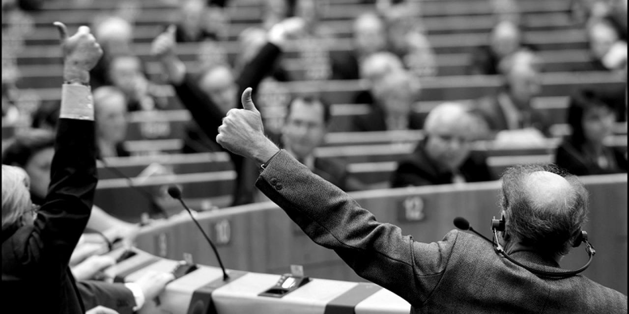 Mitglieder des Europäischen Parlaments bei einer Abstimmung (schwarz-weiß).