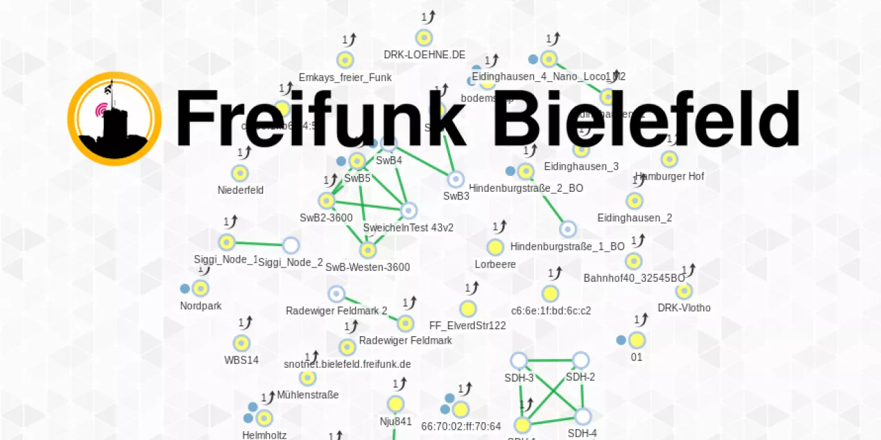 Eine Standortkarte. Darüber das Logo vom Bielefelder Freifunk.