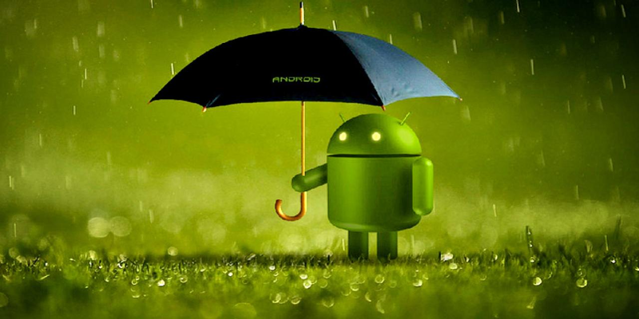 3D-Grafik des Android-Maskottchens mit einem Regenschirm im Regen.