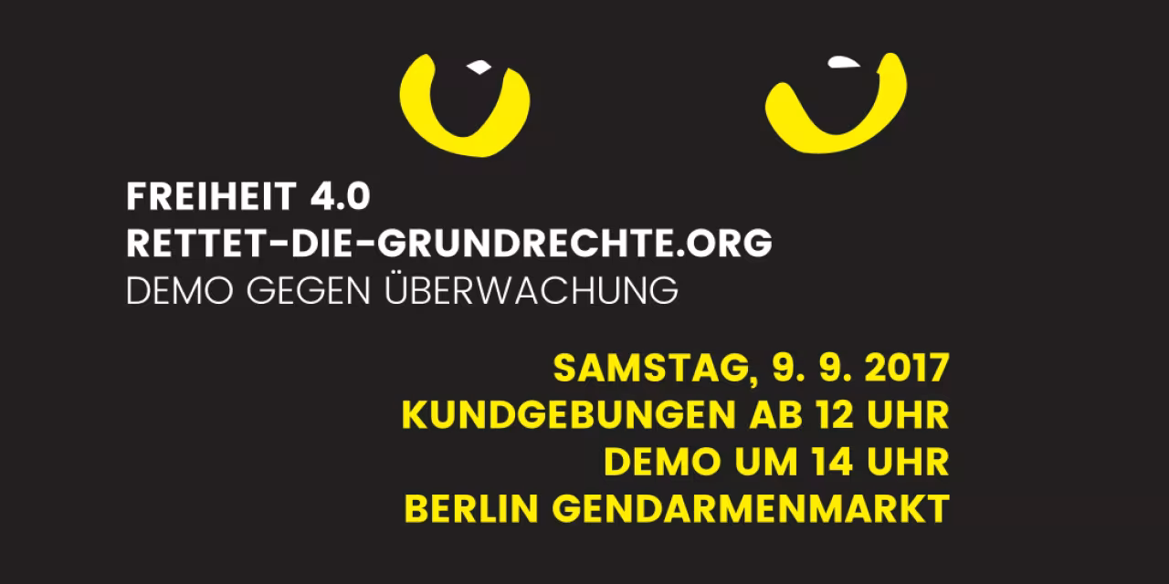 Banner für die Demo „Rettet die Grundrechte“.