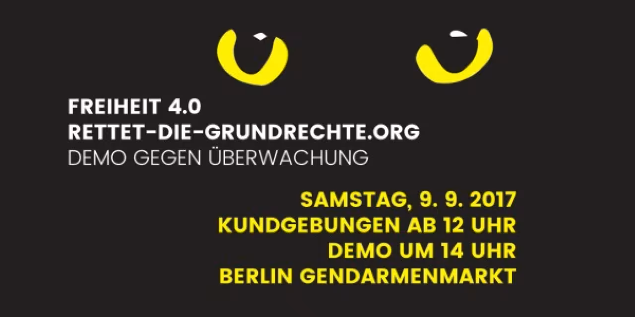 Banner für die Demo „Rettet die Grundrechte“.