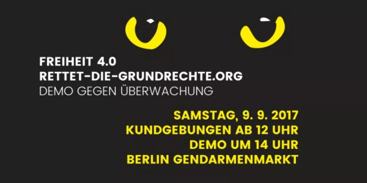 Banner für die Demo „Rettet die Grundrechte“.