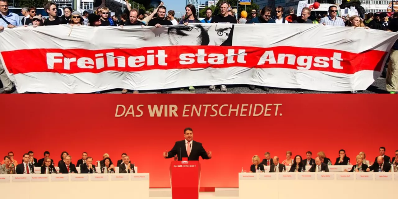Collage: Banner zu „Freiheit statt Angst“ (oben). Sigmar Gabriel an einem Redepult während einer Veranstaltung der SPD (unten).