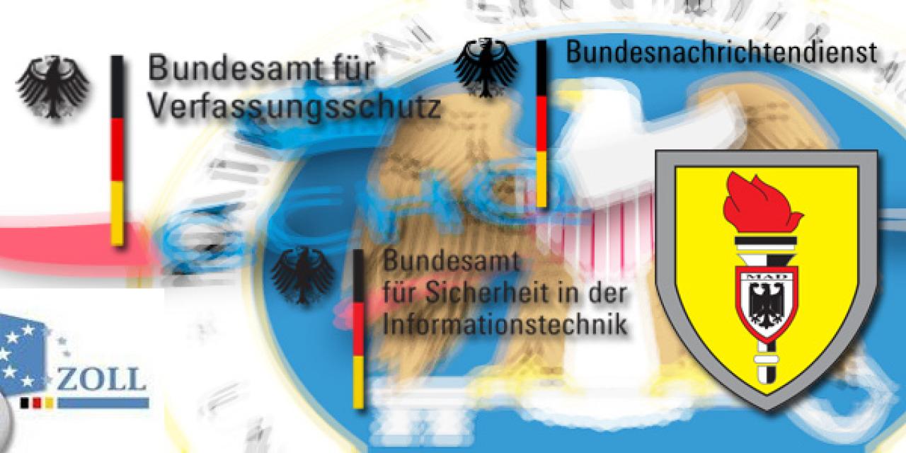 Collage aus diversen Logos deutscher und amerikanischer Bundesämter (BND, Verfassungsschutz, Sicherheit in der Informationstechnik)