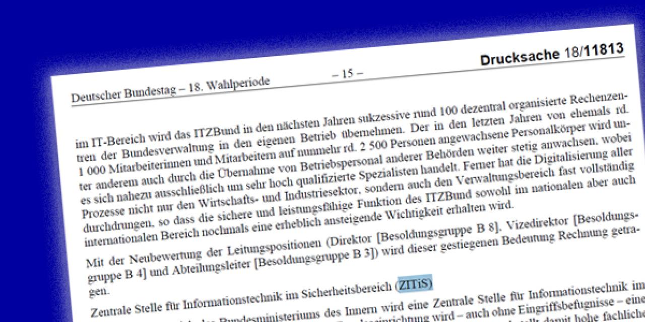 Screenshot der Seite 15 der Drucksache 18/11813. Das Wort „ZITiS“ ist markiert.