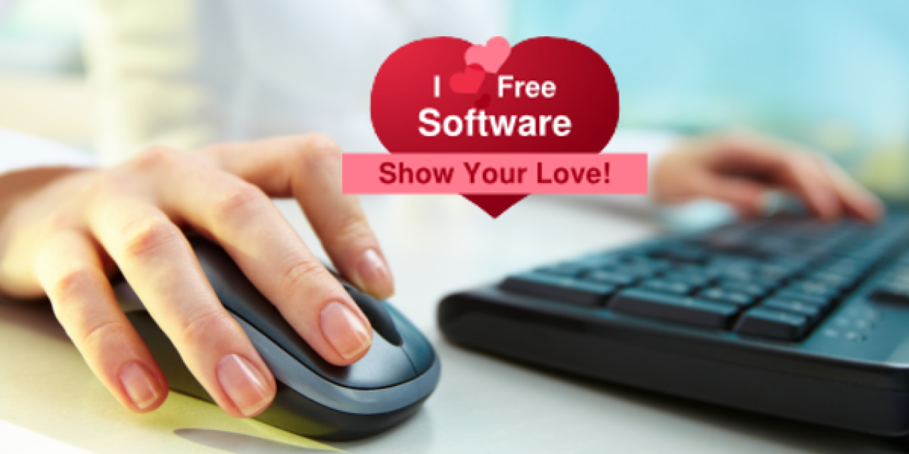 Collage: Detailaufnahme einer Hand, die eine Maus bedient und eine Tastatur. Darüber das Logo von "I love free software".