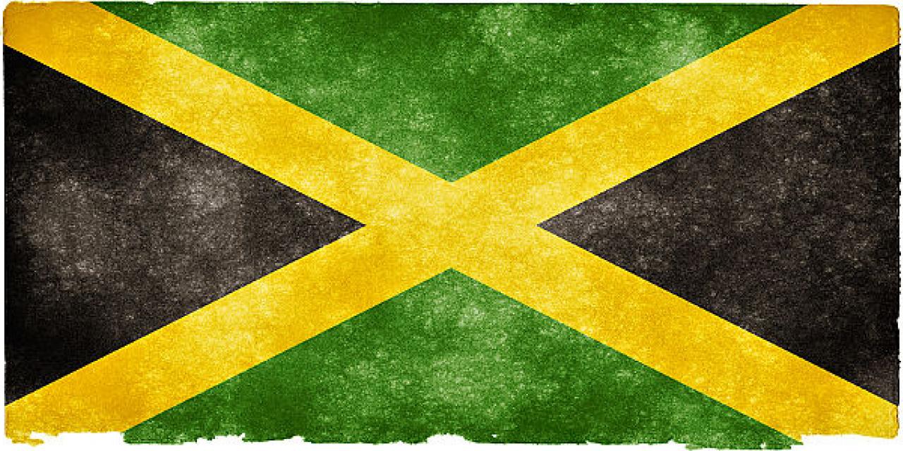 Eine Jamaica-Flagge (Diagonales gelbes Kreus, links und rechts die Dreiecke sind schwarz, oben und unten grün.