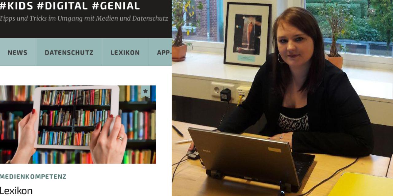 Screenshot der Website Kids, Digital Genial auf der linken Bildhälfte. Auf der rechten Bildhälfte eine Portraitaufnahme von Jessica Wawrzyniak.