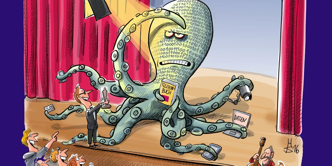 Ene Illustration einer Datenkrake auf einer Bühne.