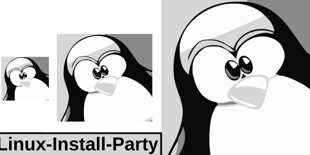 Schwarz-weiß Grafik von drei Pinguinen. Darunter der Text "Linux-Install-Party".