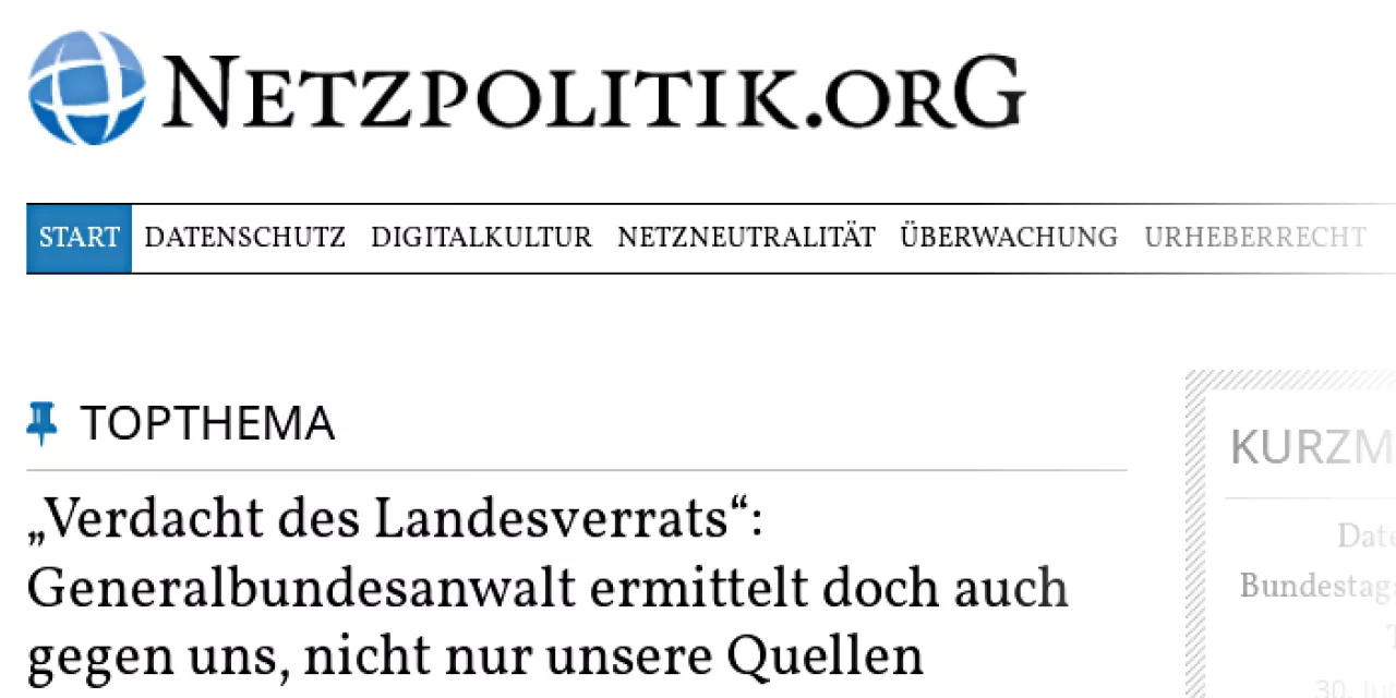 Screenshot von von netzpolitik.org mit dem Artikeltitel: „Verdachts auf Landesverrat“