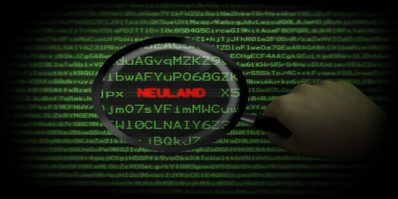 Grafik: Eine Lupe, die über verschlüsselten Text gehalten wird. Das Wort „Neuland“ erscheint.
