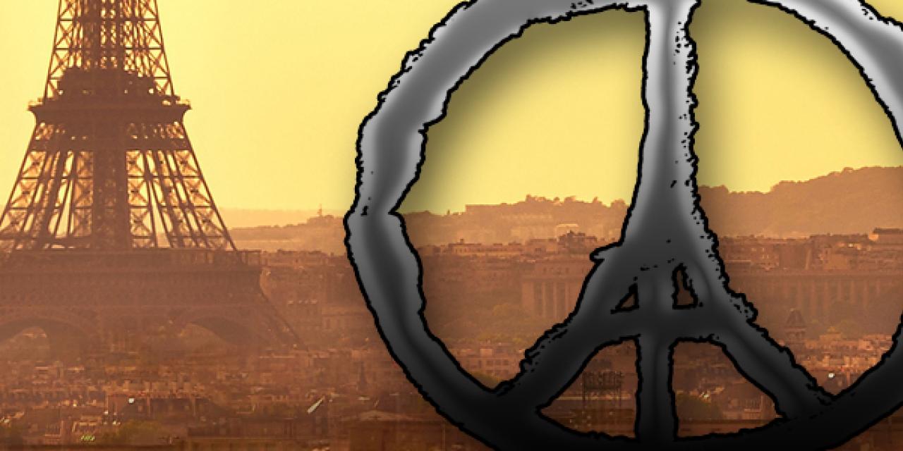 Collage: Grafik eines Peace-Zeichens. Im Hintergrund ein Teil des Eifelturms.