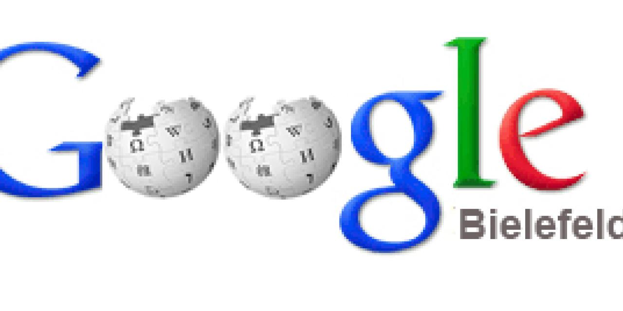 Variation des Google-Logos mit den Wikimedia-Weltkugeln als Os.