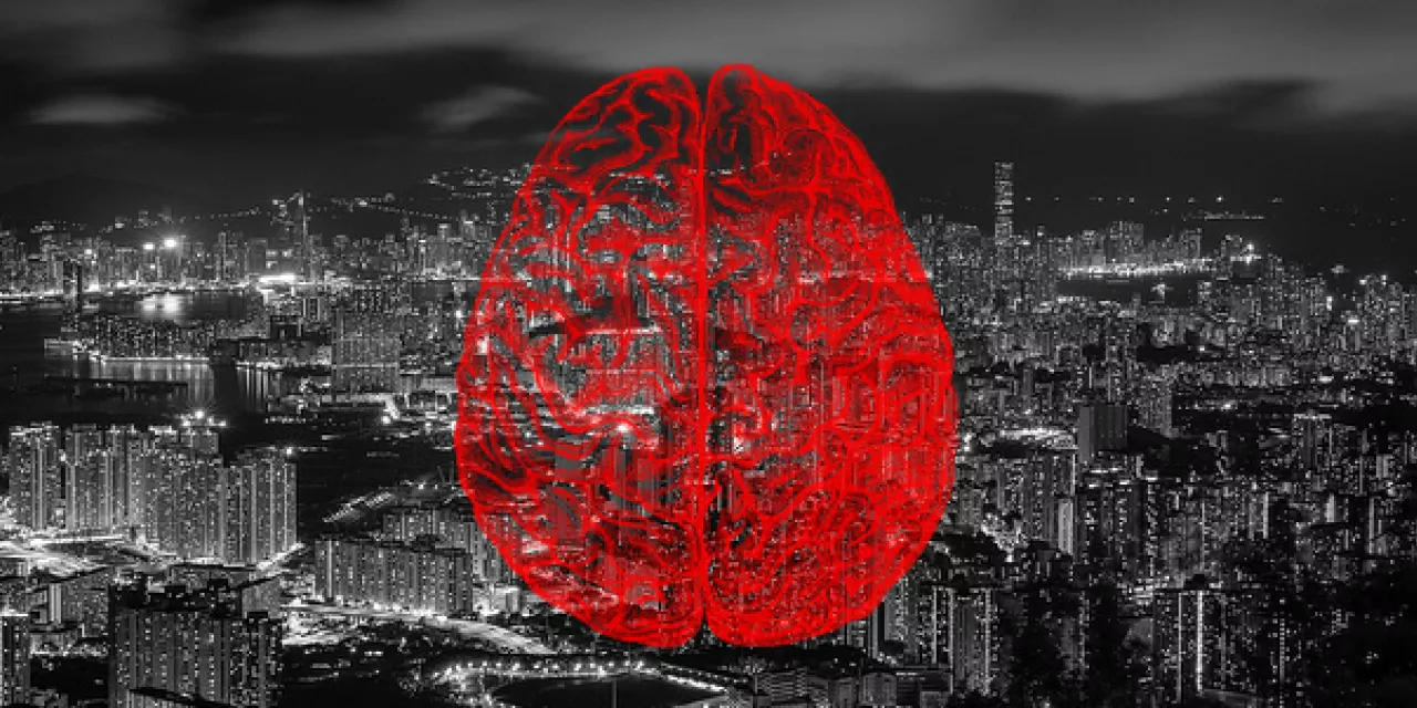 Collage: Im Hintergrund eine Großstadt bei Nacht (schwarz-weiß). Darüber eine Grafik eines Gehirns im Querschnitt (rot).
