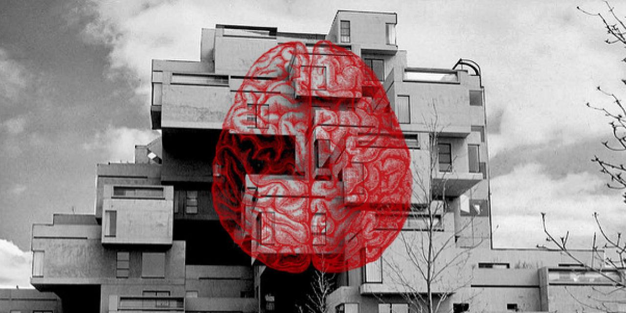 Collage: Foto eines Hochhauses (in schwarz-weiß). Darüber eine Grafik eines Gehirns im Querschnitt (rot).