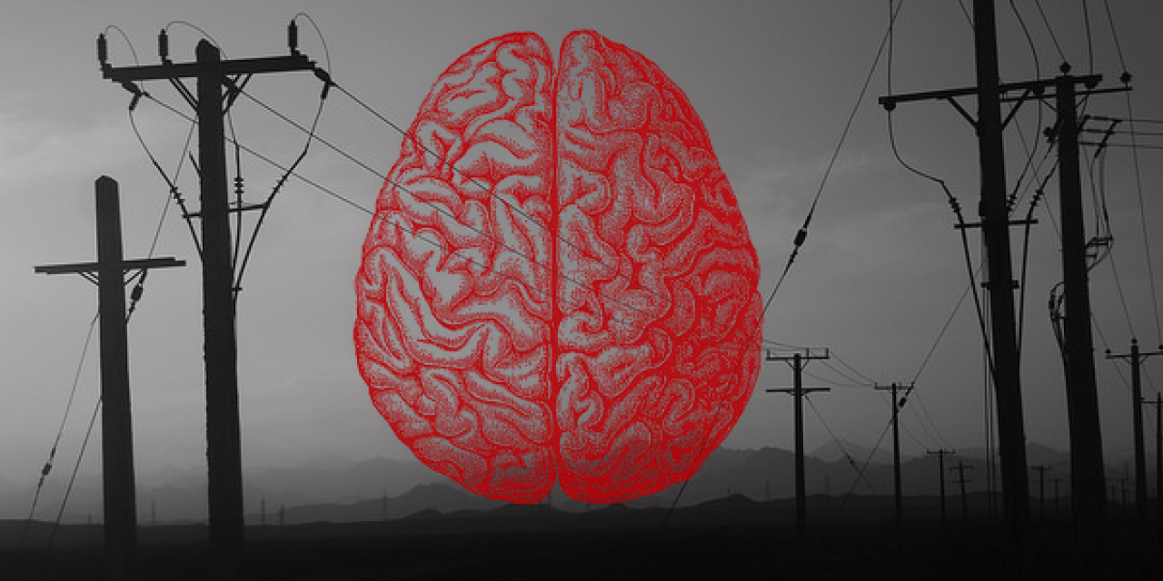 Collage: Alte Strommasten (schwarz-weiß). Darüber eine Grafik eines Gehirns im Querschnitt (rot).