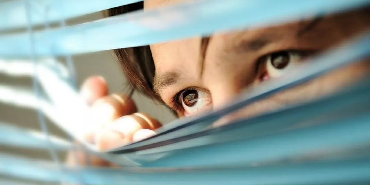 Eine Person, die durch ein Rollo schaut (Augen sind im Fokus).