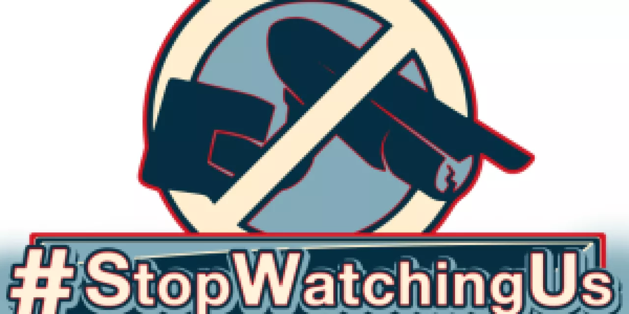 Grafik mit einer durchgestrichenen Überwachungskamera und dem Text: "#StopWatchingUs"