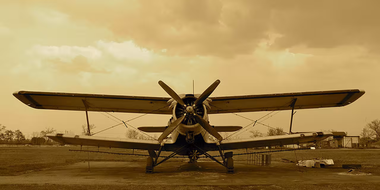Ein Doppeldecker in der Frontansicht (in sepia).