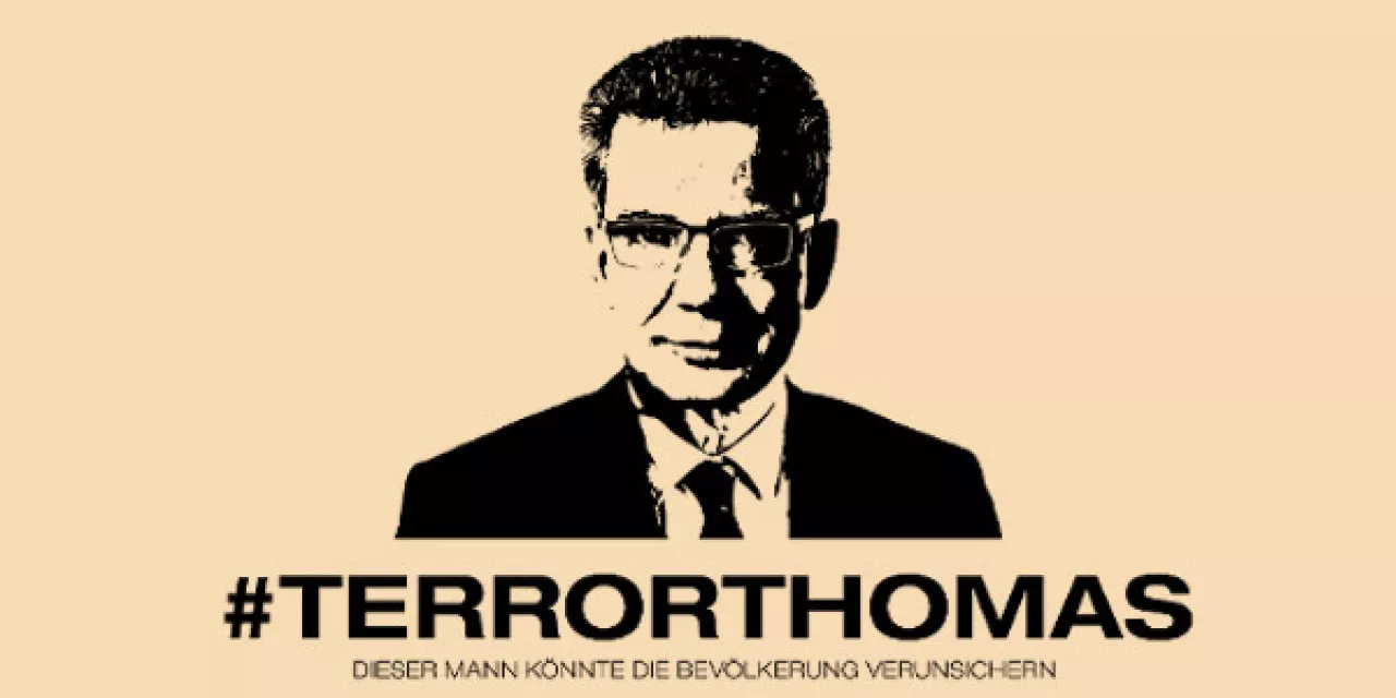 Eine Grafik von Thomas de Mezière. Darunter der Text „#TERRORTHOMAS“