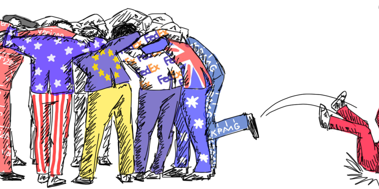 Illustration: Personen mit „besonderen“ Anzügen (Verizon, USA-Flagge, EU-Flagge, FedEx, Großbritannien-Flagge und KPMG), die im Kreis stehen. Eine Person wird rausgekickt (Anzug mit China.Flagge).