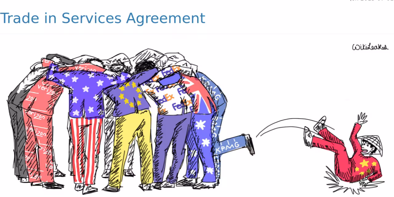 Illustration: Personen mit „besonderen“ Anzügen (Verizon, USA-Flagge, EU-Flagge, FedEx, Großbritannien-Flagge und KPMG), die im Kreis stehen. Eine Person wird rausgekickt (Anzug mit China.Flagge).