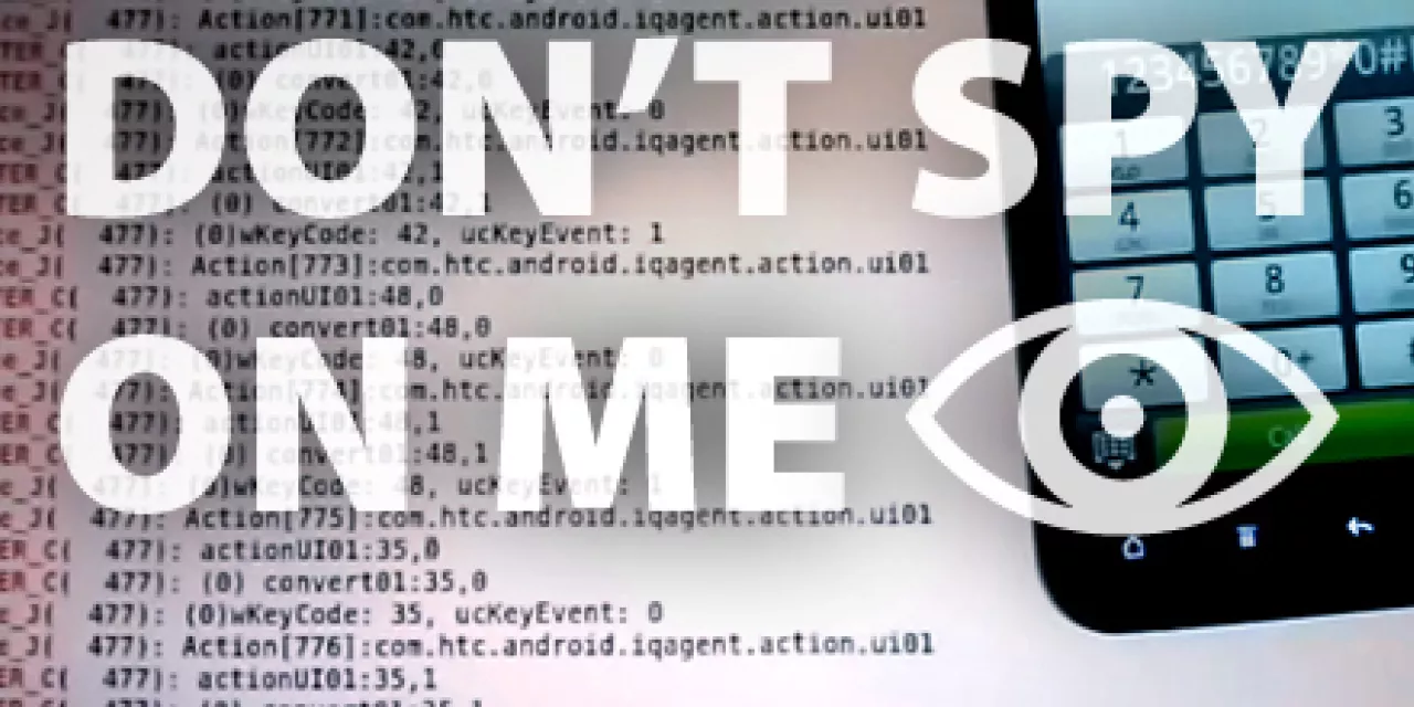Collage: Bildschirm mit Code, darüber der Text: "Don't spy on me".
