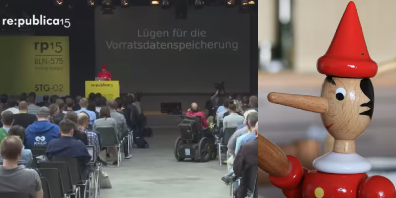 Zwei Fotos: republica-Veranstaltung (links) und Holzpuppe von Pinocchio (rechts).