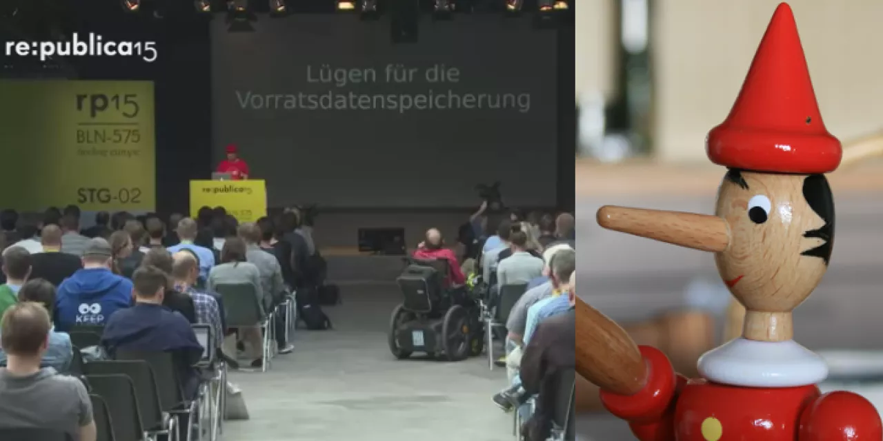 Zwei Fotos: republica-Veranstaltung (links) und Holzpuppe von Pinocchio (rechts).