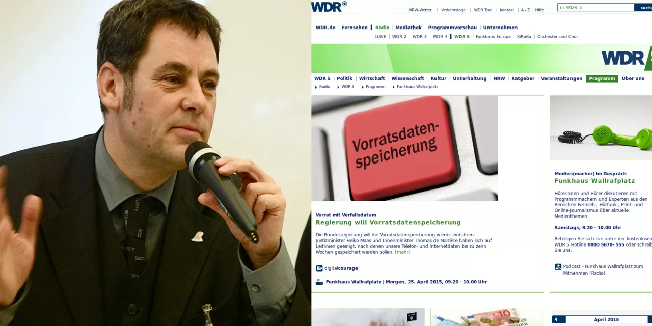 Collage: Portraitaufnahme von padeluun (links) und ein Screenshot von WDR5 zur Vorratsdatenspeicherung (rechts).